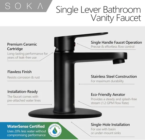 Miniatura 4 de SOKA - Grifo de baño de latón negro mate con tapón de desagüe emergente y placa de cubierta - Grifo monomando para RV con 1 o 3 agujeros