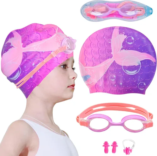 Gorros de natación para niñas, gorro de natación de silicona para niños pequeños, gorros de natación duraderos y cómodos para niñas Sirena púrpura