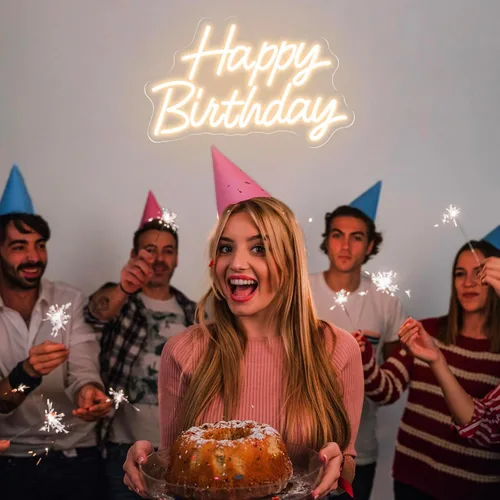 Miniatura 5 de Letrero de neón de feliz cumpleaños blanco cálido, luz de neón LED para decoración de fiesta de cumpleaños, alimentado por letreros de neón USB