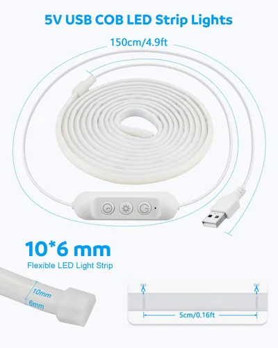 Miniatura 6 de Aclorol Tira de luces LED COB de 5 V, 10 pies, 960 LED, regulables, impermeables, con autoadhesivas, para gabinete de cocina, baño, espejo, tocador