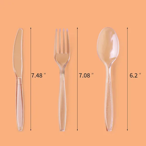 Miniatura 4 de FULING Juego de cubiertos de plástico negro de 300 piezas, cuchillos de plástico desechables y cubiertos – Utensilios pesados reutilizables