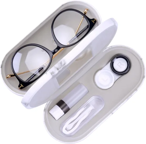 Muf - Estuche portátil 2 en 1 para lentes y lentes de contacto, diseño de doble uso, a prueba de fugas, pinzas y botella con solución incluidas para