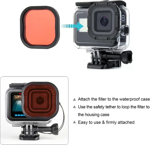 Miniatura 4 de SOONSUN Paquete de 4 filtros de buceo para GoPro Hero 11, 10, 9, 8, carcasa impermeable oficial, rojo, rojo claro, magenta, 5 filtros macro