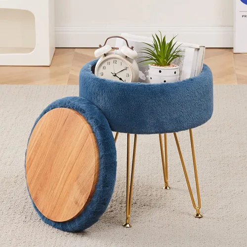 Miniatura 9 de Reposapiés Taburetes Redondos de Piel Sintética Otomana con Espacio de Almacenamiento Silla de Tocador Suave Asiento Mesa de Centro Otomana Mesa