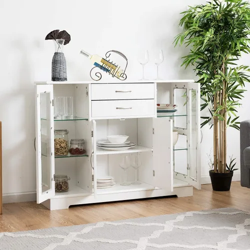 Miniatura 2 de Giantex - Aparador para servidor de buffet, armario de almacenamiento con 2 cajones, 3 gabinetes y puertas de cristal para cocina, comedor, mueble