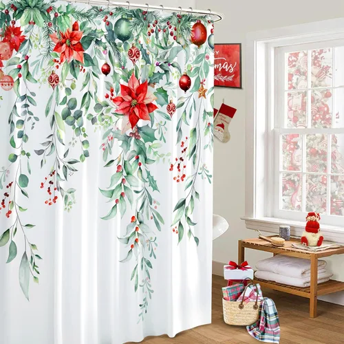 Miniatura 2 de Juego de cortinas de ducha navideñas con acebo, cortinas de ducha impermeables de Navidad, cortinas de baño de tela con 12 ganchos para decoración