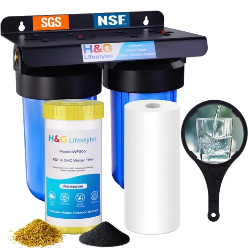 H&G Lifestyles Sistema de filtración de agua de 2 etapas para toda la casa, filtro GAC KDF 58 y filtro de algodón PP, olor a cloro, eliminación de