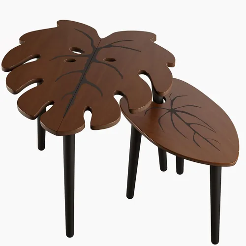 Miniatura 7 de BAMEOS Juego de 2 mesas de anidación con hojas de Monstera, juego de pequeñas mesas de café con patrón de venas de hojas, mesas laterales modernas