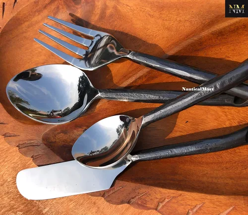 Miniatura 5 de Juego de cubiertos medieval rústico para comedor, cuchara, tenedor y cuchillo, decoración de mesa