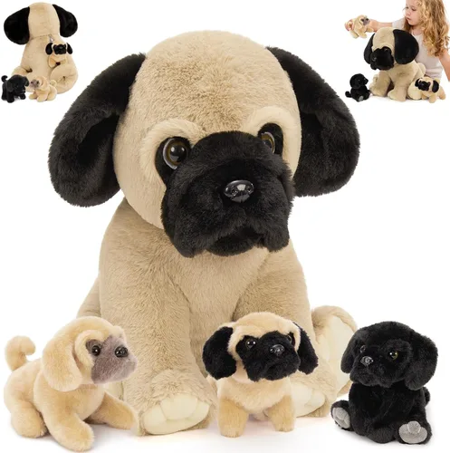 Miniatura 11 de MorisMos Pug Stuffed Animal with Babies Inside, 14" Mommy Stuffed Pug with 3 Baby Puppies, 4Pcs Interactive Soft Cuddly Dog for Kids, Dog Lovers