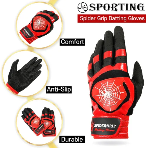 Miniatura 4 de J&S Sporting Spider Grip - Guantes de bateo de béisbol antideslizantes - Agarre antideslizante duradero para hombres y jóvenes jugadores Negro rojo
