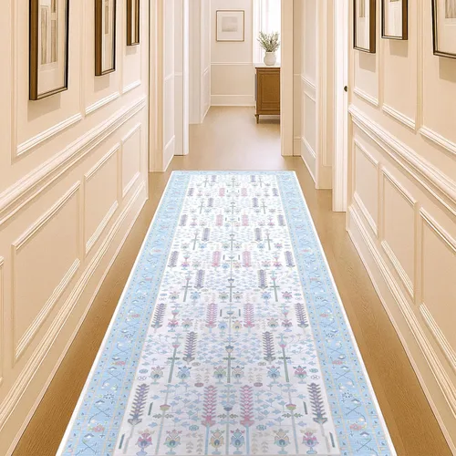 Miniatura 15 de Fame Living Alfombra Oushak Crema Azul, Alfombras Pequeñas Modernas, Vintage, Turca, Ecléctica, Floral, Pastel, Lavable, Tapete para Puerta, Felpudo