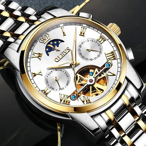 Miniatura 4 de OLEVS reloj mecánico automático, reloj de cuerda automático de lujo para hombre a prueba de agua, acero inoxidable.