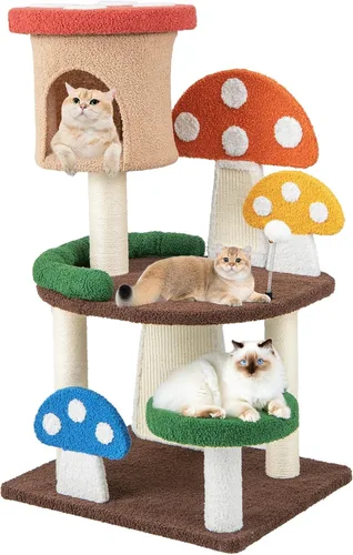 Miniatura 10 de Tangkula - Árbol para gatos en forma de hongo, torre para gatos de varios niveles con postes de sisal completamente envueltos, tableros para rascar
