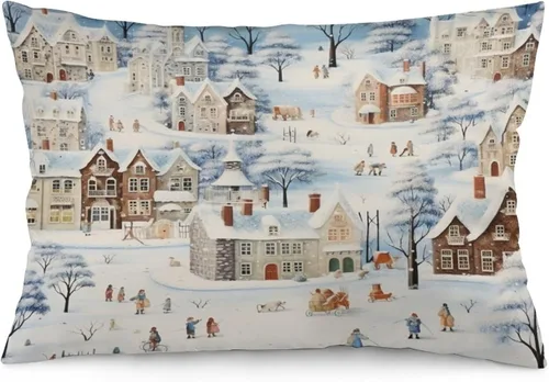 Miniatura 12 de Funda de almohada con escena de pueblo navideño con niños, fundas de almohada de 12 x 20 pulgadas, almohadas decorativas de Navidad para sofá, funda