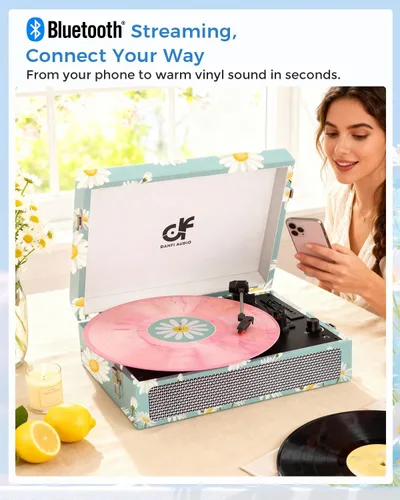 Miniatura 3 de Tocadiscos de vinilo Bluetooth con altavoces integrados, tocadiscos portátil vintage de 3 velocidades con auriculares de grabación USB/conector