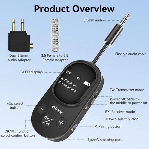 Miniatura 4 de Adaptador receptor transmisor Bluetooth 5.3 para avión, compatible con 2 AirPods o auriculares con aptX de baja latencia, conector AUX de 0.138 in