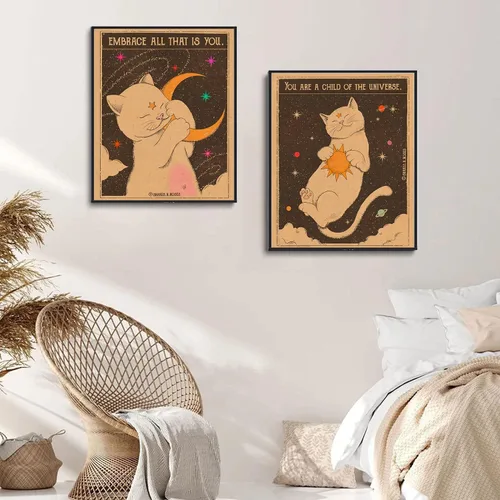 Miniatura 5 de 2 piezas de carta de tarot retro, póster de impresión de sol, luna, gato, arte de pared, hippie, bohemio, estética, decoración de habitación
