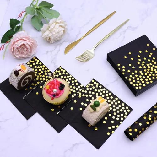 Miniatura 5 de 100 servilletas de cóctel desechables negras – Servilletas de papel negro y dorado para cumpleaños, boda, aniversario, Año Nuevo, fiesta