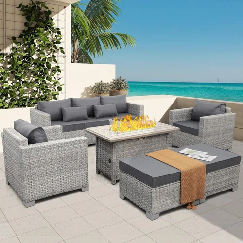 Miniatura 7 de WAROOM Fogata de propano para exteriores, mesa de fogata de patio de mimbre PE de 43 pulgadas con protector contra el viento de vidrio, vidrio