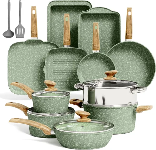 Kitchen Academy Juego de 17 piezas de ollas y sartenes de color verde salvia antiadherentes, juego de utensilios de cocina de inducción, juego de