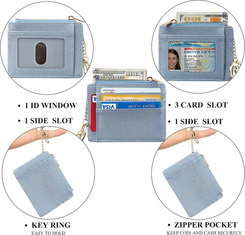 Miniatura 5 de Sodsay Estuche para tarjetas, cartera delgada con bolsillo frontal, para mujer, sujetatarjetas con llavero