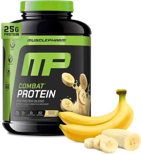MusclePharm Combat Protein Powder, sabor crema de plátano, alimenta los músculos para entrenamientos productivos, 5 fuentes de proteína incluyendo