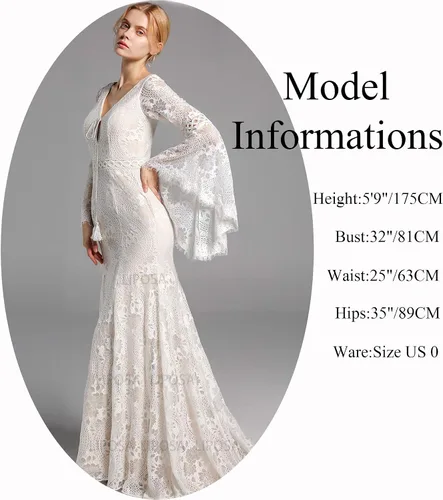 Miniatura 6 de LIPOSA Vestidos de novia de encaje bohemio para novias, mangas largas acampanadas, cuello en V, vestidos de novia de sirena con tren de barrido