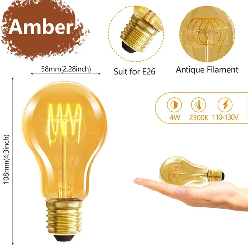 Miniatura 2 de HESSION Bombillas LED Edison A19 vintage, equivalente a 4 W, bombillas LED regulables de 40 W, 400 lúmenes, bombillas cálidas ámbar de 2300 K, base