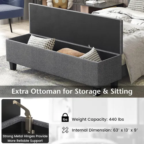 Miniatura 3 de Giantex Base de cama matrimonial con almacenamiento otomano, base de cama tapizada de lino con cabecero capitonado con botones y 4 patas de soporte