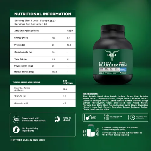 Miniatura 5 de Bolt Biozyme Plant Protein Proteína vegana con superalimento ficocianina y hierbas ayurvédicas Perfil completo de aminoácidos para apoyo