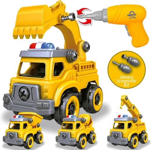 Miniatura 8 de Camión de juguetes desmontables 4 en 1 con taladro eléctrico, vehículos de juguete camión de bomberos de montaje DIY, juguetes de autos educativos