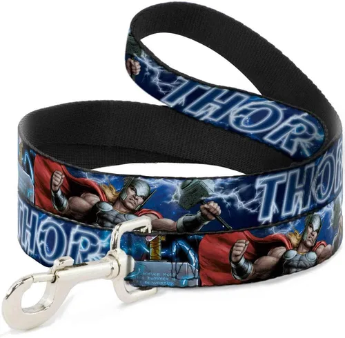 Buckle-Down Correa para perro Avengers Thor Hammer Action Pose Galaxy Blues Blanco 4 pies de largo 1.0 pulgadas de ancho, multicolor (DL-WTH023)