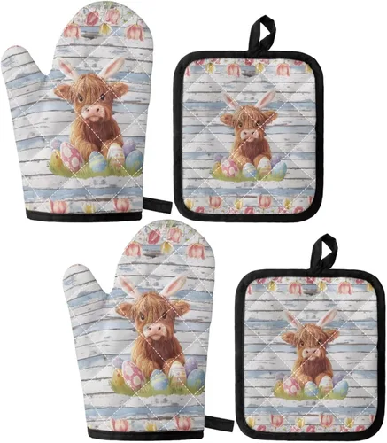 Miniatura 10 de UNICEU Juego de 4 manoplas de horno personalizadas y soportes para ollas, decoración de cocina, guantes protectores personalizados para hornear