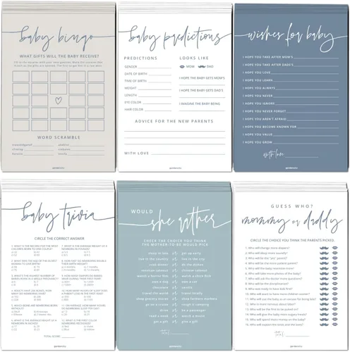 GardenCity Juegos de baby shower para niños, juego de 6 juegos de baby shower para 25 invitados, tarjetas gruesas de doble cara, género neutro, azul
