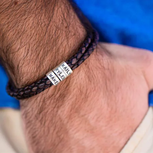 Miniatura 7 de Sett&Co - Personalized "Quest" BrownBlack Leather Bracelet With Up To 7 Custom Beads With Inscription - Sterling Silver 0.925, 18K Gold Plated