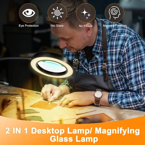 Miniatura 2 de 10 lupas con luz y temporizador, lámpara de escritorio con aumento 2 en 1, 3 modos de color, 10 brillo regulable, lupa flexible de cuello de cisne