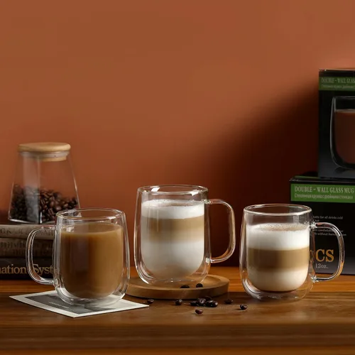 Miniatura 5 de CNGLASS Tazas de café de vidrio de 12 onzas, juego de tazas aisladas de doble pared con asa, tazas de expreso de vidrio transparente para café
