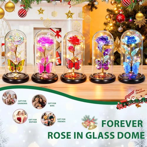 Miniatura 8 de Regalos de cumpleaños para mujer, rosa colorida con luz eterna en cúpula de cristal con mariposa, flores de Navidad para mamá, regalo de hija