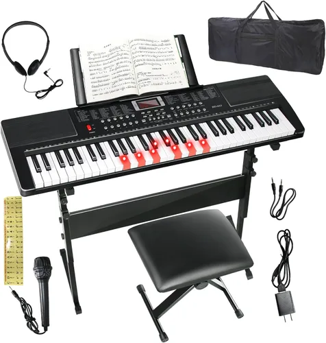 Piano de teclado eléctrico de 61 teclas para principiantes/profesionales, teclado de música iluminado de tamaño completo, altavoces duales