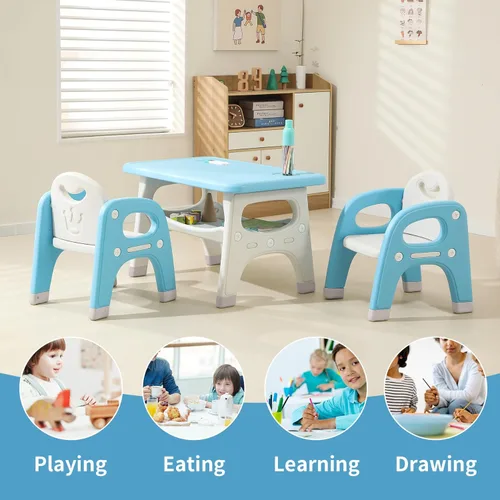 Miniatura 3 de Hulaibit Juego de mesa y 2 sillas para niños, juego de mesa y sillas para niños pequeños con estante de almacenamiento integrado grande, mesa