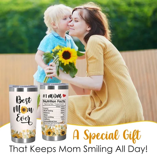 Miniatura 7 de TEEZWONDER Regalos para el Día de la Madre para mamá de hija e hijo, # 1 Información nutricional de girasol, vaso de café aislado de acero