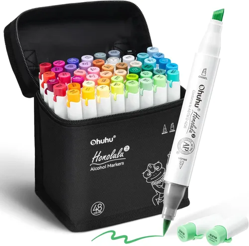 Ohuhu Marcadores de alcohol Punta de pincel y cincel: Juego de marcadores artísticos de doble punta de 48 colores para artistas adultos,