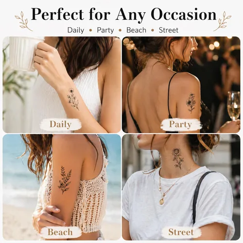 Miniatura 4 de 50 hojas de tatuajes temporales de ramas pequeñas de flores negras para mujeres y niñas, ramo de flores pequeñas, tatuaje temporal de plantas