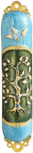 Mezuzah esmaltada pintada a mano adornada con un árbol de la vida diseño con detalles dorados y cristales por Matashi, (MTMZ221)