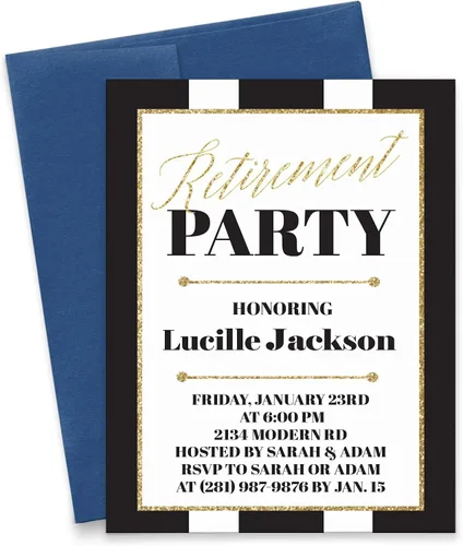 Modern Pink Paper Elegante invitación de fiesta de jubilación para mujeres u hombres, invitaciones de cena de jubilación negras y doradas con