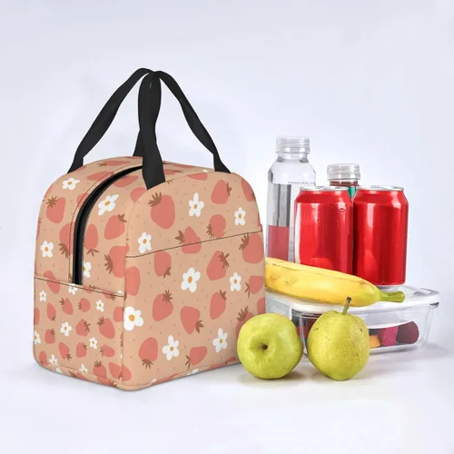 Miniatura 7 de Bolsa de almuerzo con aislamiento de fresas y flores, bolsa reutilizable para el regreso a clases, contenedor portátil para niños y niñas, cajas