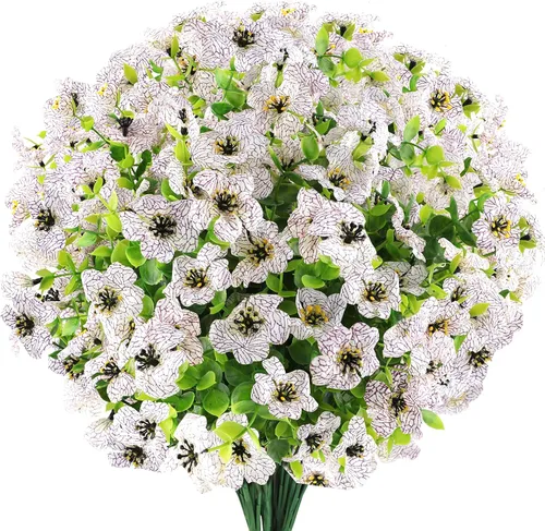 Miniatura 11 de GREENRAIN 6 paquetes de flores artificiales resistentes a los rayos UV, plantas falsas para exteriores, flores de plástico sintético para jardín