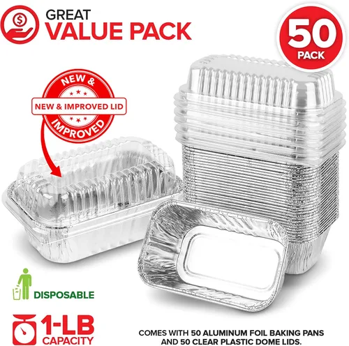 Miniatura 2 de Stock Your Home - Minimoldes desechables de aluminio con tapas, 450 g (paquete de 50 unidades) Nuevos y mejorados moldes de papel de aluminio