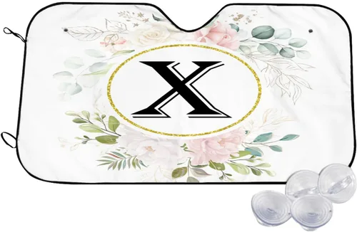 Miniatura 13 de Parasol para parabrisas de automóvil con inicial floral, ajuste universal, letra F, mantiene tu vehículo fresco. Reflector de calor y sol UV, negro